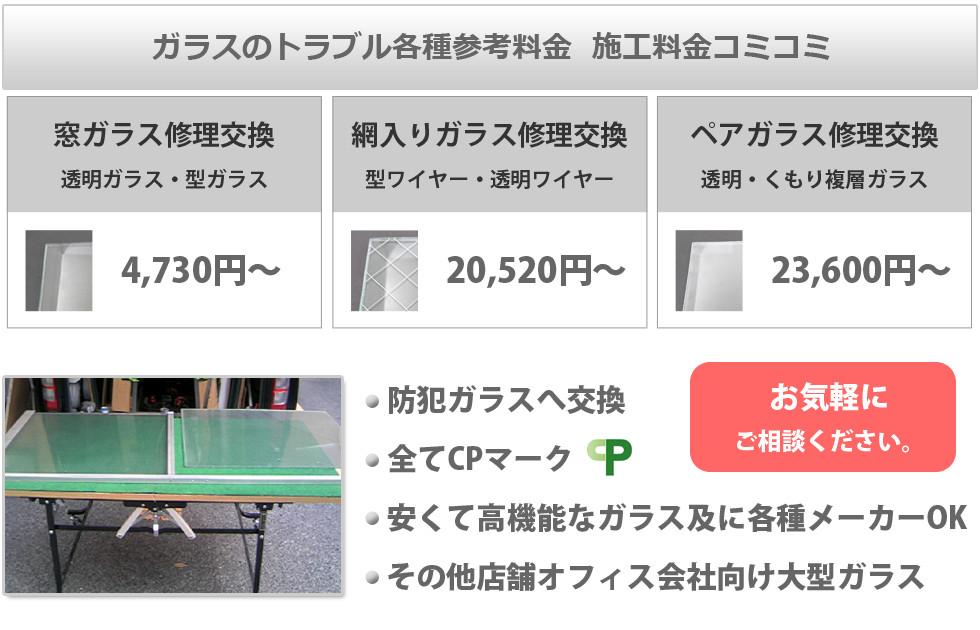 ガラスの生活トラブル各種参考料金 施工料金コミコミ