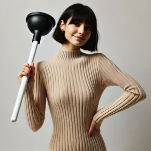 DALL·E 2025 03 05 15.51.24 A young woman with short black hair wearing a beige long sleeved ribbed dress stands against a plain white background. She playfully holds a black rub