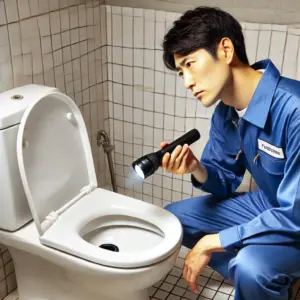DALL·E 2025 03 08 19.25.09 A Japanese man in a blue work uniform inspecting a clogged toilet trying to determine the cause of the blockage. He is holding a flashlight and looki