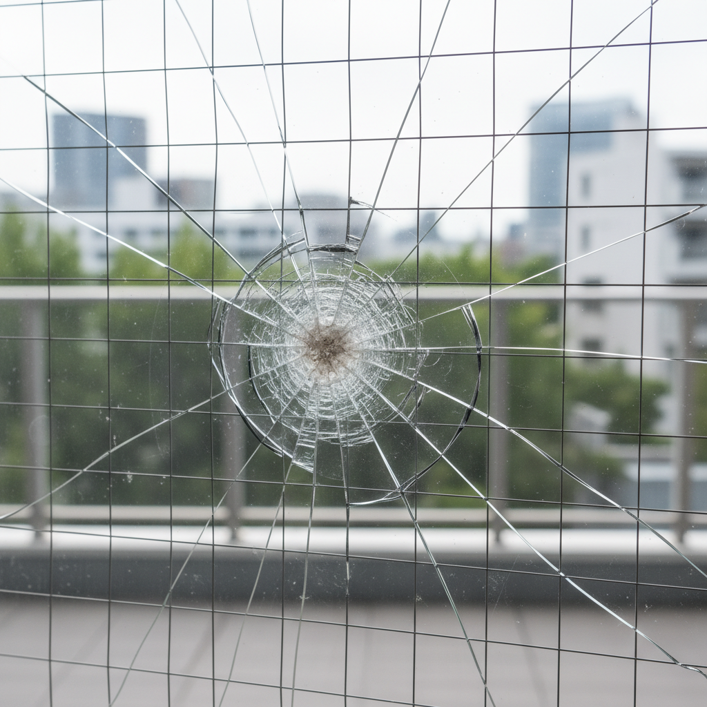 ひび割れ（ワイヤー入りガラス ひび割れ）の原因と危険性に関する画像