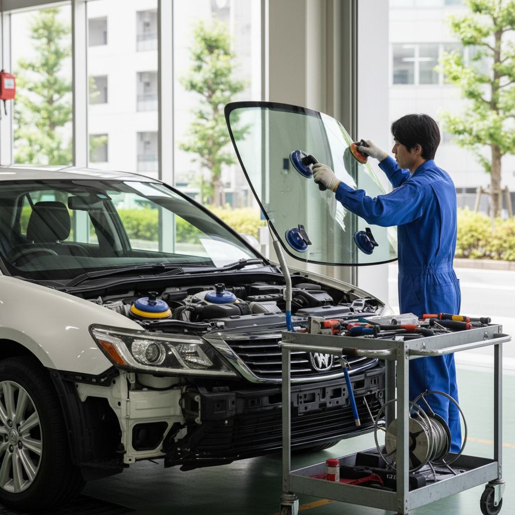 古いフロントガラスを安全に取り外す手順に関する画像